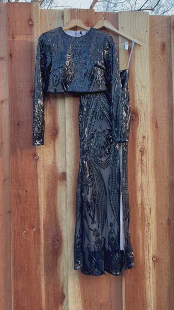 Black Sequin Long Sleeve Two-Piece Luxe Aesthetic Maxi Dress