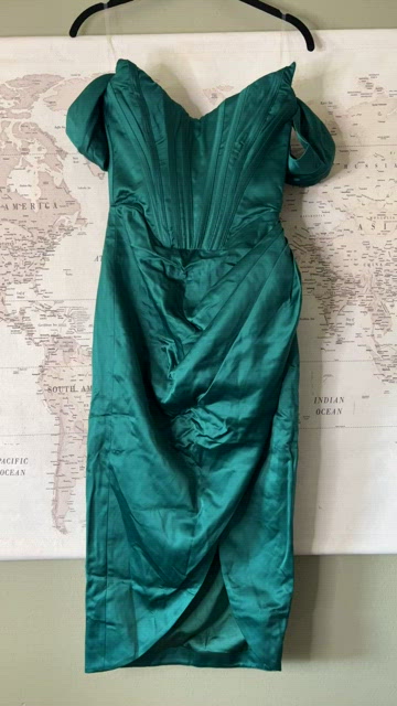 house of cb loretta dress green ‘Loretta’ Emerald Off Shoulder Draped Corset Satin FAIREAH23