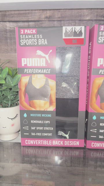 PUMA 2 Pack Seamless Performance Sports Bra, Moisture Wicking, Pink/Grey,  Small