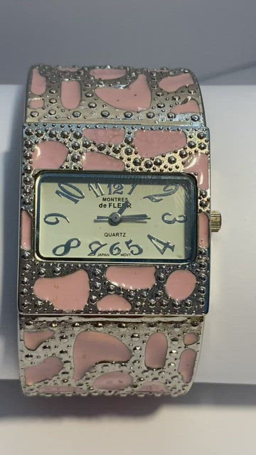 Montres de Fleur Vintage Pink Enameled Cuff Wristwatch Working See Video NH Montres de Fleur Women 768430 Luxury MOP Crystal Bracelet  main image 3