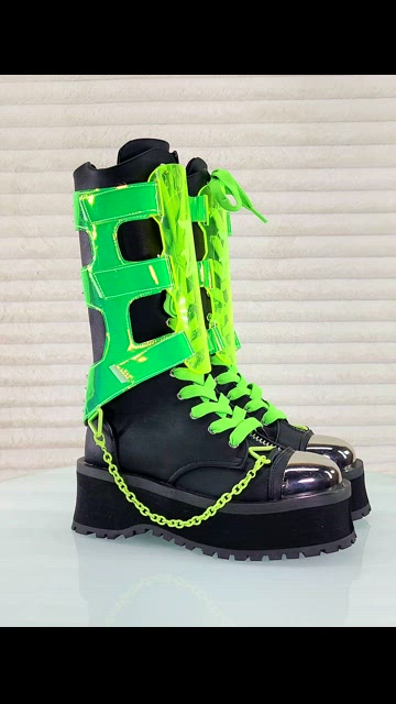 Gravedigger UV Green Harness Platform Punk Knee Boots Acrylic Shin Guard Shield Demonia | Shoes | Gravedigger Uv Green Harness Platform Punk  main image 4