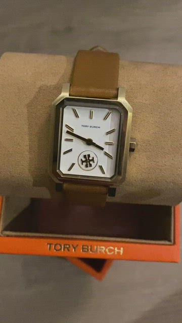 Tory Burch 27mm Robinson Leather Watch W/ Moving Logo, Black In Cream/black