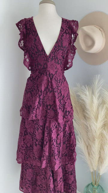 molinetto burgundy lace ruffled tiered sleeveless maxi dress Dresses | Molinetto Burgundy Lace Ruffled Tiered Sleeveless Maxi Dress