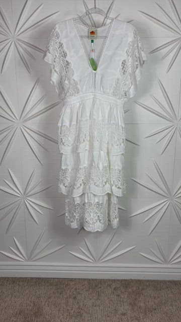 FARM Rio Off White Richelieu Tiered Midi Dress