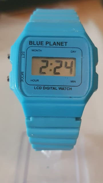 Vintage Blue Planet LCD Digital Watch White nice collectible