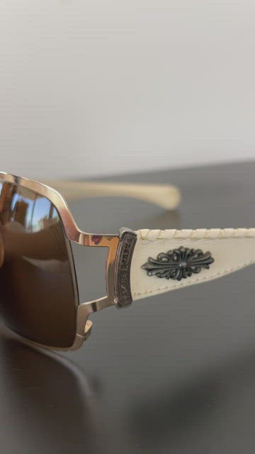 Rare Chrome Hearts Poon II Shield White Leather Sunglasses with Case $1200 CHROME HEARTS Poon II Shield Sunglasses Gold White  main image 2
