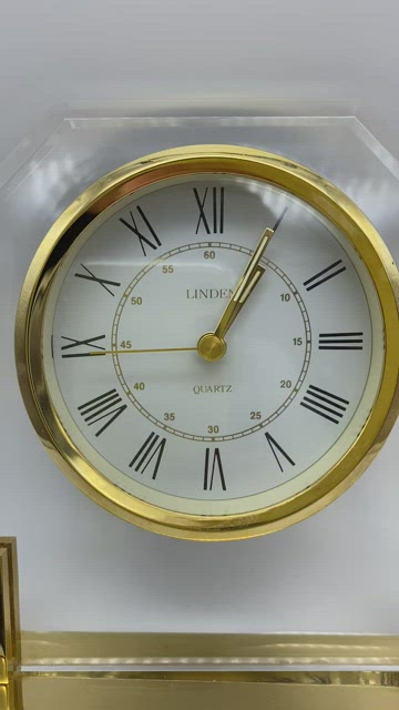Vintage Linden Gold Tone Quartz Roman Numerals Desk Clock with Pen