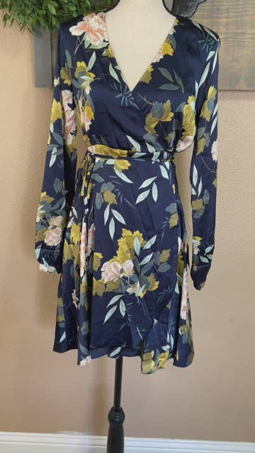 love is life navy blue floral print satin wrap dress Wrap Dress Navy Blue With Pink Flowers Dress Love Is Life Navy Blue Floral  Print Satin