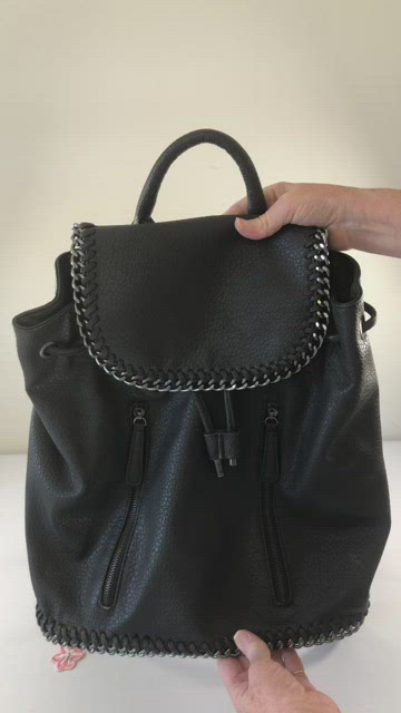 Expressions NYC Black Vegan Leather Backpack w/ Gunmetal Chain Detail NWOT Expressions NYC Lg Black Luxury Vegan Leather Backpack Purse  main image 4
