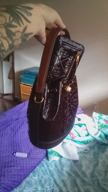 AUTH NWT Tory Burch T Monogram Patent Leather Embossed Mini Barrel Bag-Albarossa