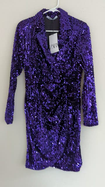 ZARA WOMAN SEQUIN COLLAR MINI BLAZER MINI DRESS Purple 0387/195 XS,L