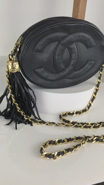 Chanel Vintage Oval CC Tassel Crossbody Bag Leather Mini Black 63290545