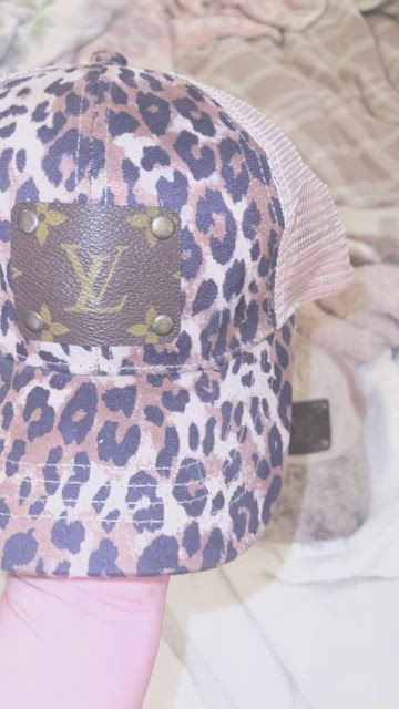 Upcycled Louis Vuitton leopard print trucker hat  Leopard print beanie,  Retro hats, Pink ball caps