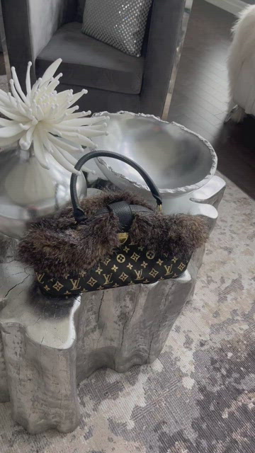 Fun LV print brown/gold canvas dr bag with fur very good condition extreme  cute!