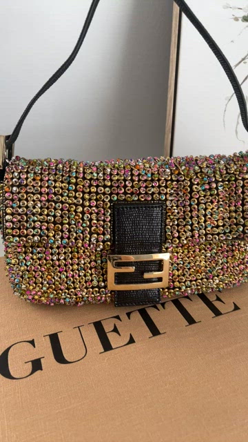 Sold Fendi Baguette Brown Sequins with blue beads & pink lizard skin strap