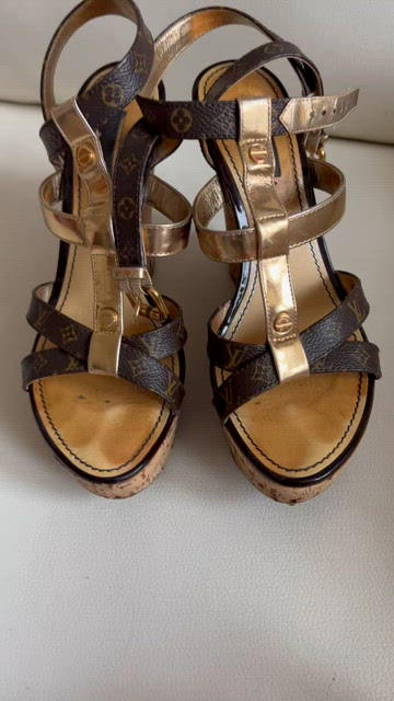 Louis Vuitton, Shoes, Louis Vuitton Brown Gold Monogram Wedge Sandals 375