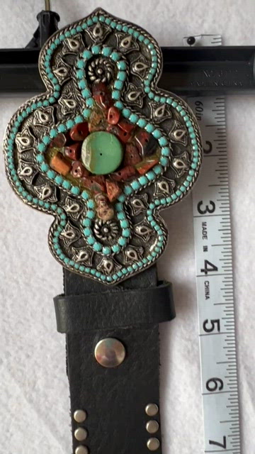 Cache bejeweled buckle, cowgirl belt, black leather studded, sz S, EUC vintage Bawnhaw Cowgirl Rhinestone Western-Belt for Women PU-Leather  main image 2