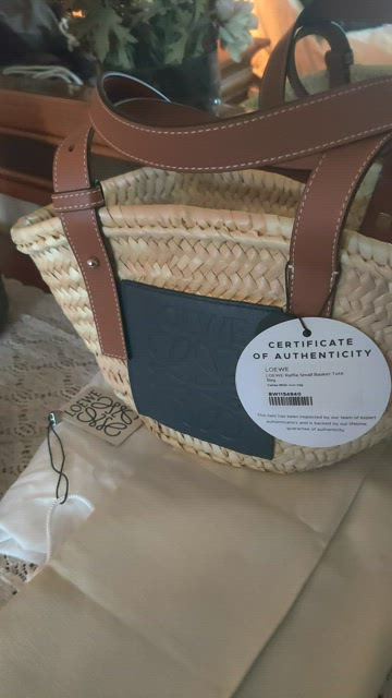 LOEWE Raffia Small Basket Tote Bag Natural Tan Navy 1291141