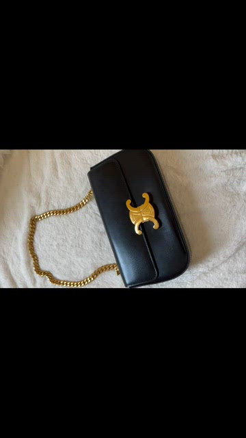 CELINE Shiny Calfskin Triomphe Chain Shoulder Bag Black 1135058