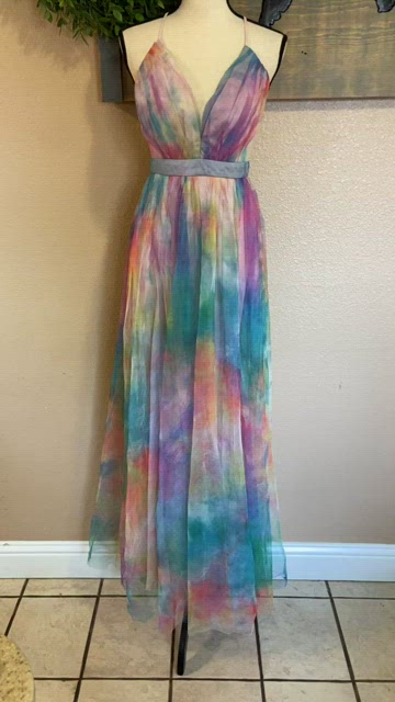 elegant moment multi watercolor tie-dye backless maxi dress Natalia Blue and Gold Watercolor Maxi Dress - L Size - Women's Dresses