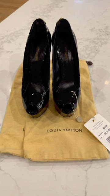 Louis Vuitton Oh Really Black Patent Gold Lock Platform Peep Toe Pumps 36.5  6.5