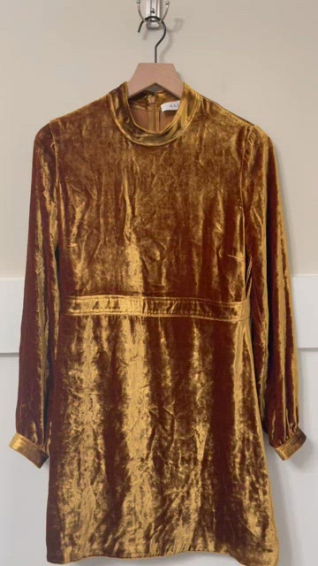 A.L.C. Gold Velvet Silk Blend Fit & Flare Style Mock Neck Dress Size 8
