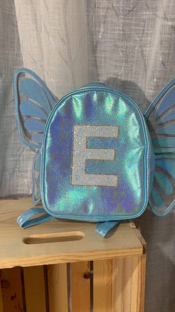 JUSTICE BUTTERFLY WINGS MINI BACKPACK INITIAL(A,C,D,G,H,K,M,P,R) IRIDESCENT  BLUE