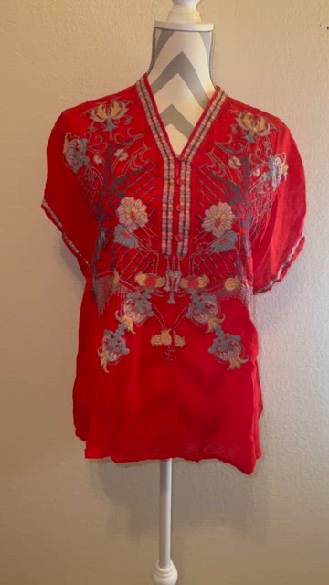 Johnny Was Biya orders Blouse Embroidered Blue & Red New Small