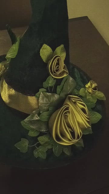 Velvet Green and Gold Ladies Wizard Garden Witch Fairy Hat Hand Sewn Ladies Velvet Celtic Green Fairy Wizard Witch Hat  main image 3