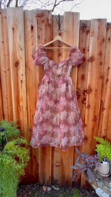 Pink and Light Brown Floral Puff Sleeve Organza Tie-Back Midi Dress