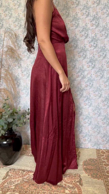 constantine burgundy satin maxi dress Lulus NWT Constantine Burgundy Satin Maxi Dress Size XL Side Slit Surplice  Neck