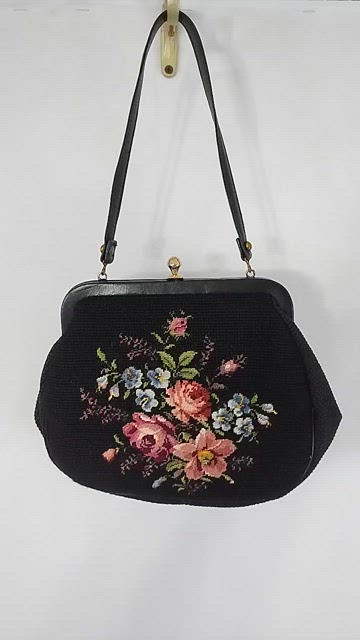 Selling Vintage Floral Needlepoint Wicker Purse Grannycore Bag Style Very Large Black