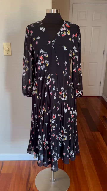 Ann Taylor Meadow Floral Black Pleated Faux Wrap Midi Dress Size 8