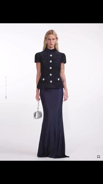 self portrait navy metallic boucle maxi dress Navy Metallic Gathered Maxi Dress – self-portrait