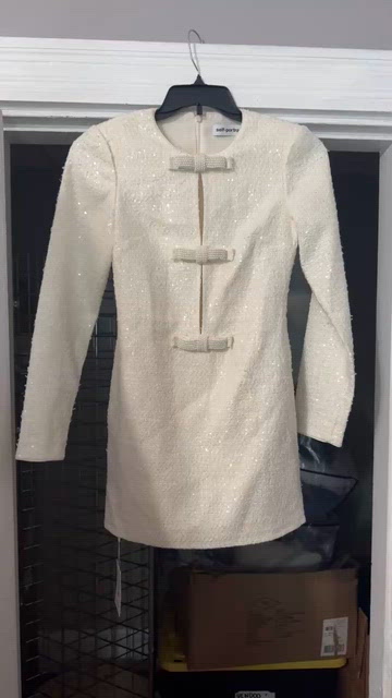 Self Portrait CREAM BOUCLE DIAMANTE BOW MINI DRESS NWT size 2